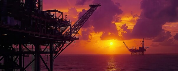 Obraz premium Oil rigs in the ocean at sunset