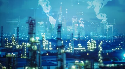 A city skyline with a lot of lights and smoke in the background