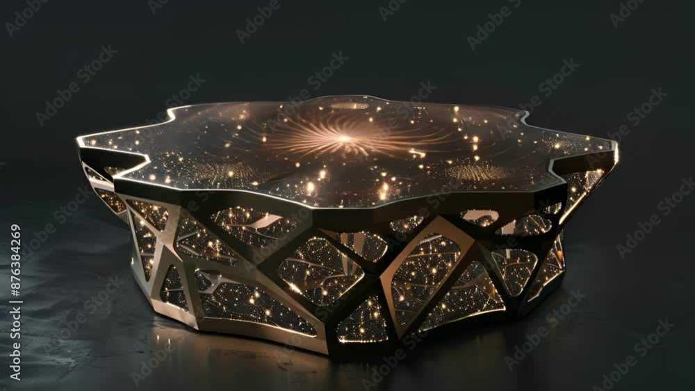 Poster a geometric centerpiece inspired by the cosmos with intricate shapes and patterns representing stars