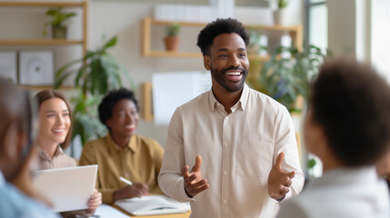 Obraz premium A confident businessman leader meeting and discussion with smiling and standing with professional team in an office, symbolizing success and teamwork.