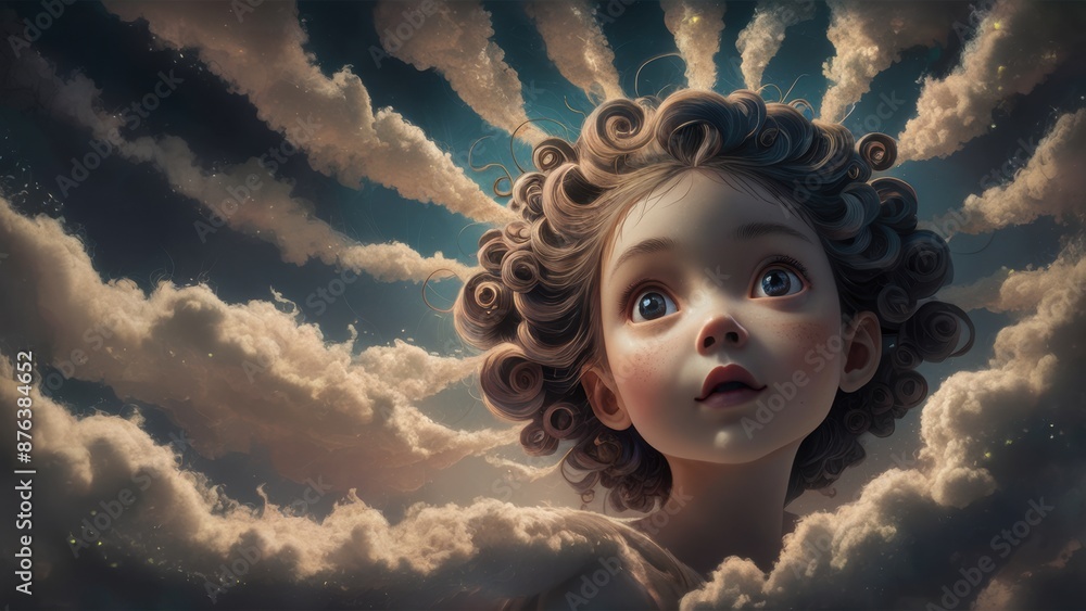 Sticker A child with curly hair in a cloud formation, AI