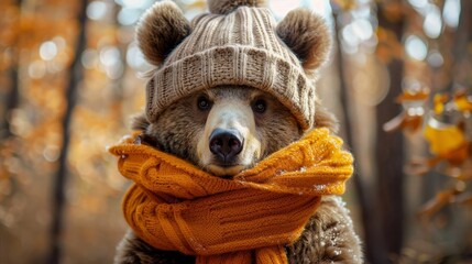 Cute bear animal wearing cozy warm clothes hat and scarf wallpaper background