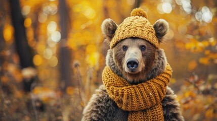 Cute bear animal wearing cozy warm clothes hat and scarf wallpaper background