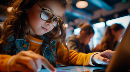 A young girl sitting at a table using a tablet. She is wearing glasses and a denim jacket, focused on her work in a softly lit room with other children