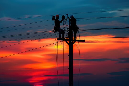 Tireless service: men working on electricity pole, experienced workers addressing breakdown in the electricity supply, ensuring restoration of power, labour day with dedication and expertise.