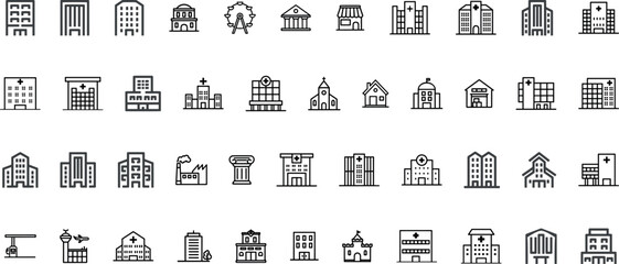 Building web icons in line style. Hotel, hospital, apartament, city, town house, mall, coffee, collection. Vector illustration.	