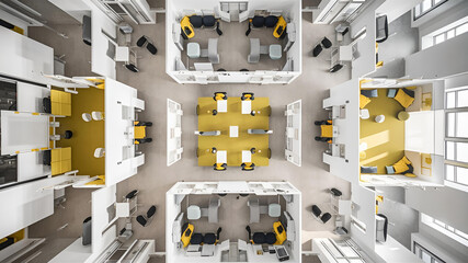 Yellow and White open space office interior with city view, daylight, furniture and equipment. 3D Rendering