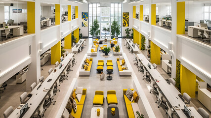 Yellow and White open space office interior with city view, daylight, furniture and equipment. 3D Rendering