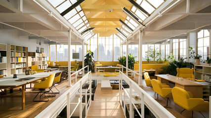 Yellow and White open space office interior with city view, daylight, furniture and equipment. 3D Rendering