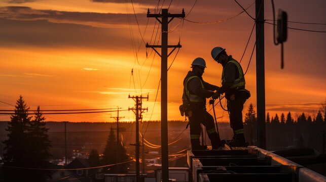 Dedicated effort - men working on electricity pole, skilled workers repairing breakdown in electricity supply, restoring essential power to community, labour day with hard work and commitment.