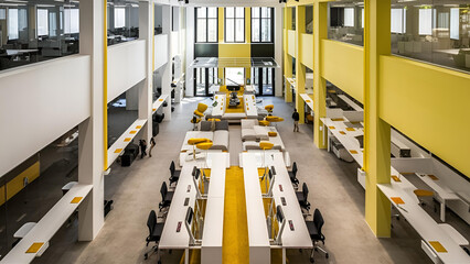 Yellow and White open space office interior with city view, daylight, furniture and equipment. 3D Rendering