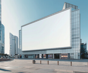 Obraz premium An empty huge poster mockup on the roof of a mall; white template placeholder of an advertising billboard on the rooftop of a modern building, blank mock-up of an outdoor info banner
