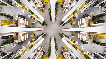 Yellow and White open space office interior with city view, daylight, furniture and equipment. 3D Rendering