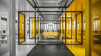 Yellow and White open space office interior with city view, daylight, furniture and equipment. 3D Rendering