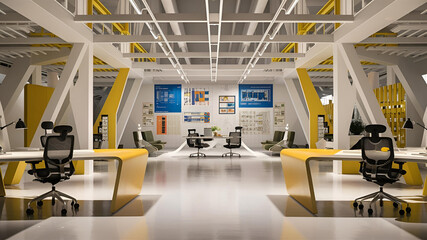 Yellow and White open space office interior with city view, daylight, furniture and equipment. 3D Rendering