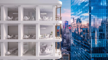 Yellow and White open space office interior with city view, daylight, furniture and equipment. 3D Rendering