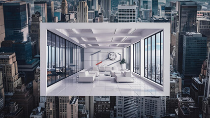 Yellow and White open space office interior with city view, daylight, furniture and equipment. 3D Rendering