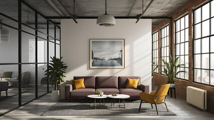 Yellow and White open space office interior with city view, daylight, furniture and equipment. 3D Rendering