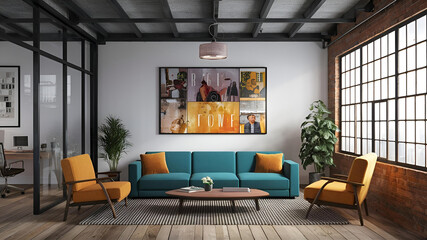 Yellow and White open space office interior with city view, daylight, furniture and equipment. 3D Rendering