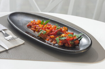 Red pepper baked on grill. Roasted pepper appetizer