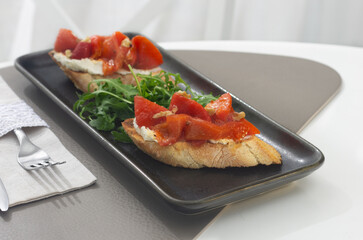 bruschetta with red sweet pepper close up