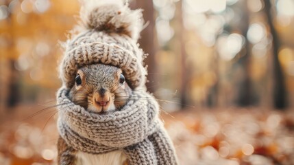 Cute squirrel animal wearing cozy warm clothes hat and scarf wallpaper background