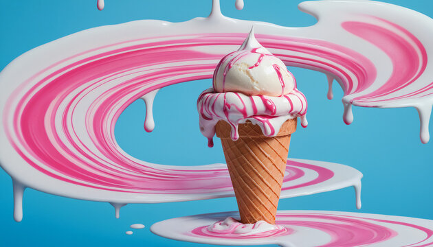 tasty melted vanilla ice cream with strawberry in waffle conus