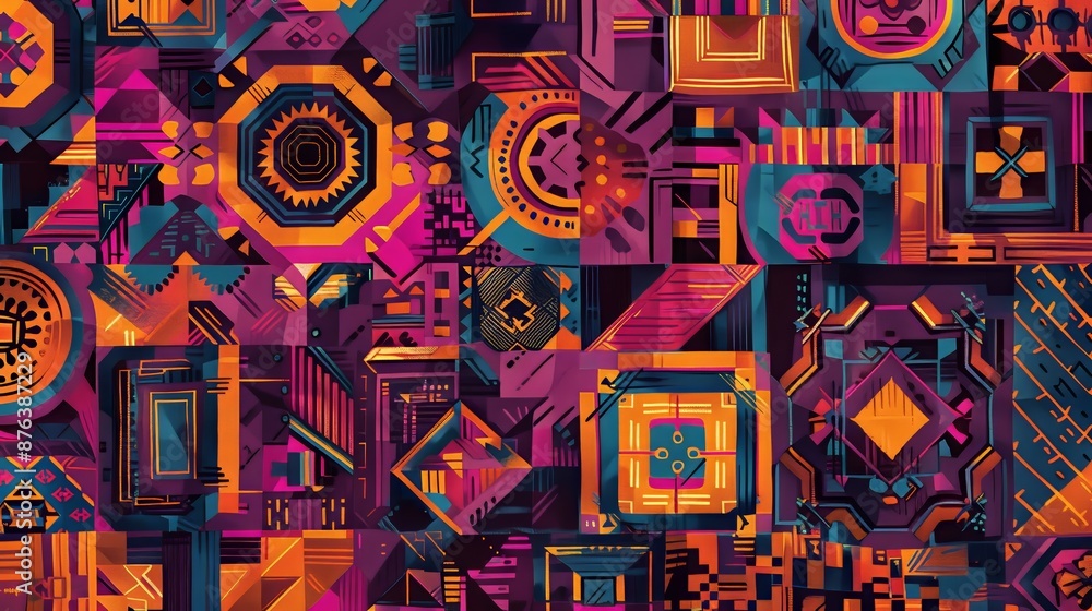 Aufkleber geometric textile design with rich colors and detailed patterns, ideal for visually dynamic fabrics.