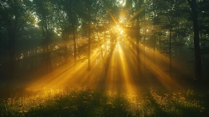 Obraz premium Golden sun rays break through the dense forest. Sun Rays Filtering Through Forest Trees canopy, illuminating the lush greenery and creating a serene, magical atmosphere. 