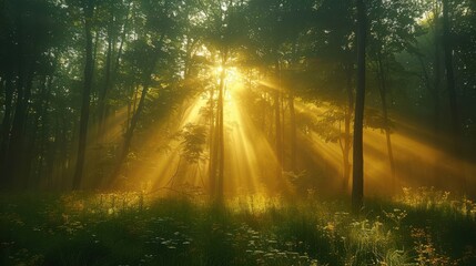 Golden sun rays break through the dense forest.  Sun Rays Filtering Through Forest Trees
canopy, illuminating the lush greenery and creating a serene, magical atmosphere.

