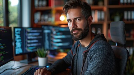 Focused software developer working on code at a desk with multiple monitors in a cozy, modern home office environment.