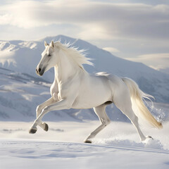 Ultra HD image of beautiful elegant white horse galloping running in white snowy background 