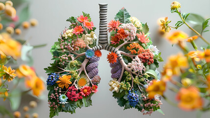 healthy lungs full of verdant foliage and flowers. Allergies, asthma. The harm of smoking to humans. concept of healthy lungs people