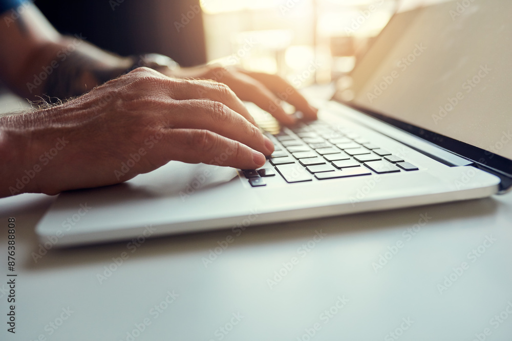 Poster Man, hands and typing on laptop keyboard, web design and developer in startup career or working on business website. Prototyping, browse and online project, internet and social networking for job