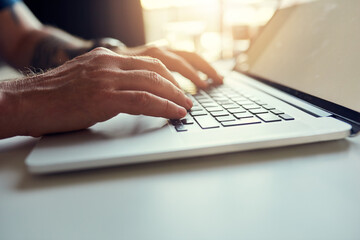 Man, hands and typing on laptop keyboard, web design and developer in startup career or working on business website. Prototyping, browse and online project, internet and social networking for job