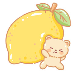 Hand drawn illustration kawaii yellow beige teddy bear holding a giant lemon