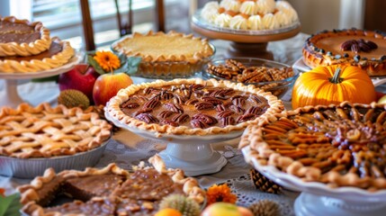 A table with various Thanksgiving desserts, including pumpkin pie, pecan pie, and apple pie
