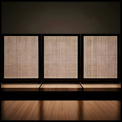 Three abstract texture panels on a wooden surface and a dark background..