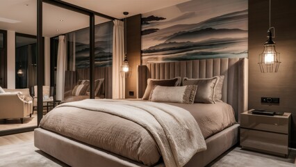 A bedroom with a bed, dresser and mirror in it, AI