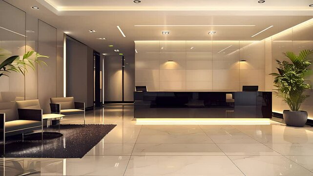 Modern office lobby with recessed lighting and elegant seating