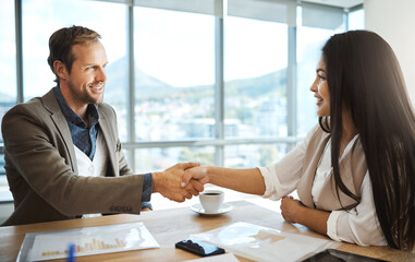 Fototapeta premium Businessman, woman or shaking hands in agreement for teamwork, meeting or partnership. Collaboration, offer or finance analyst greeting happy manager for support, financial advice or recruitment deal