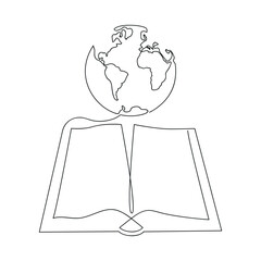 World in the book in one continuous line. One line drawing, minimalism. Vector illustration.