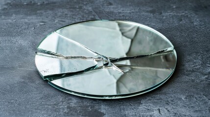 Broken Round Mirror On Concrete. Capturing a shattered round mirror lying on a rough concrete surface, symbolizing fragility and reflection.