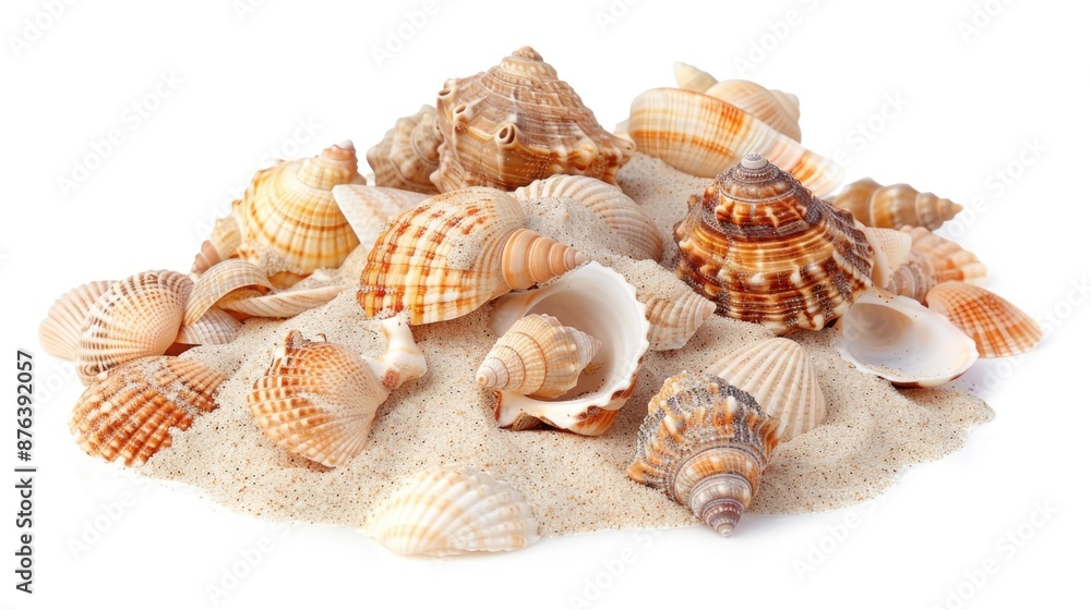 Poster a collection of sea shells arranged on a white background
