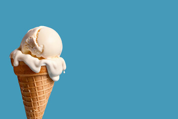 vanilla melted ice cream on blue background with copy space