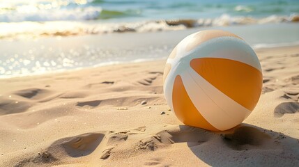 Obraz premium Close Up of a orange and white Beach Ball on sandy Beach. Summer Vacation Background