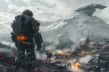Obraz premium a sci-fi illustration a male warrior standing in the foreground looks into the war ruins with futuristic settings and beautiful landscape