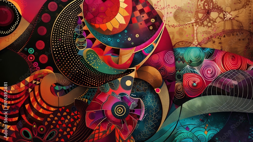 Poster a geometric art piece with intricate patterns blending shapes and lines, inviting deeper exploration