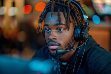 Portrait of a focused man wearing a headset with microphone.