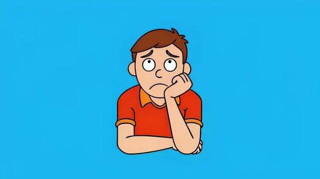 cartoon illustration of bored young man with brown hair, resting his chin on his han